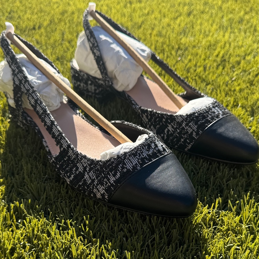 BCBGeneration Black and White Tweed Slingback Heels - Picture 2 of 15